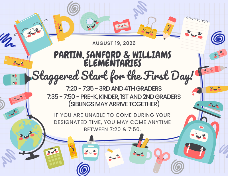Flyer advertising a staggered dropoff schedule for the first day of school.