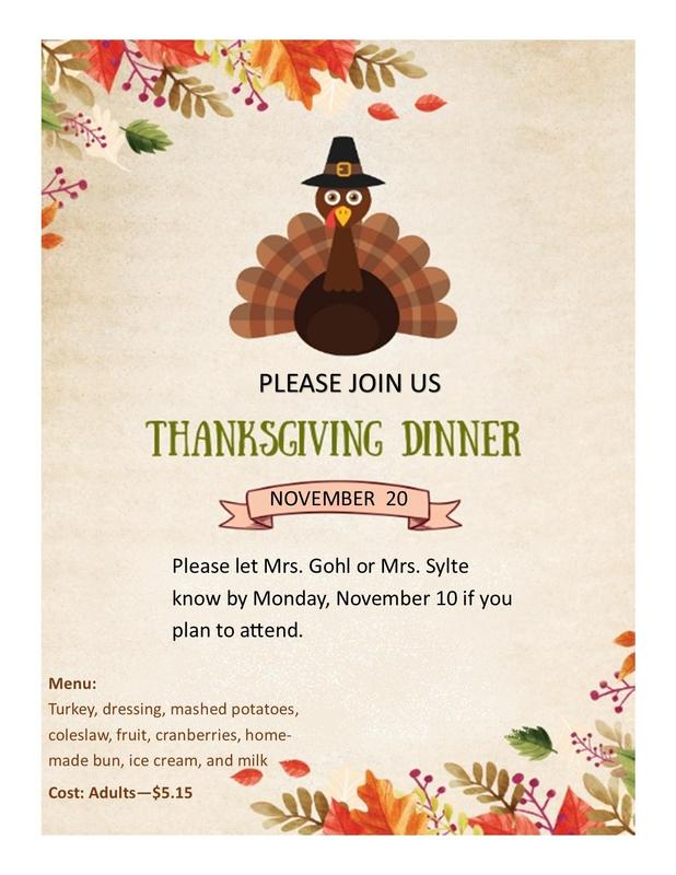 Thanksgiving meal at school on Nov. 20 cost for adults  $5.15
