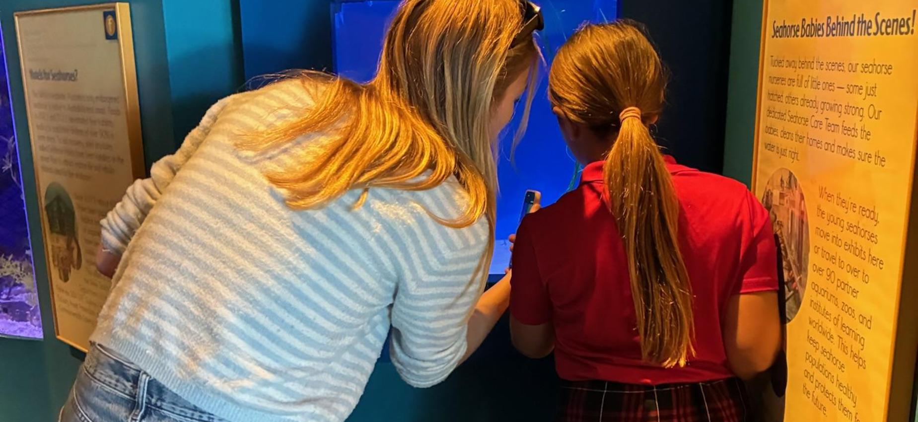 teacher and student read an exhibit at Birch Aquarium