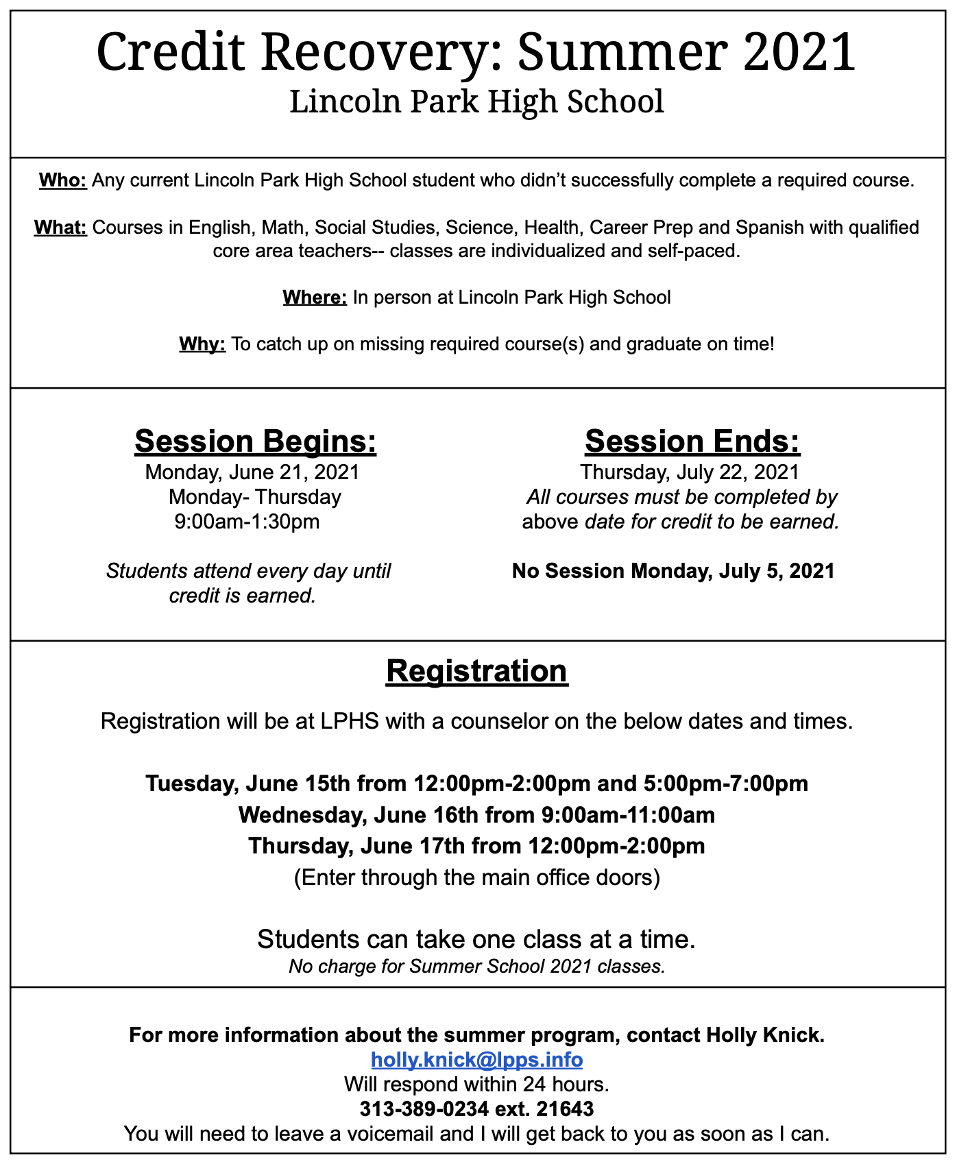 Lincoln Park High School Summer Learning Opportunities Lincoln Park