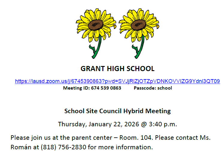 School Site Council Meeting - Thursday, Jan. 22, 2026 @ 3:40 pm, Hybrid Meeting