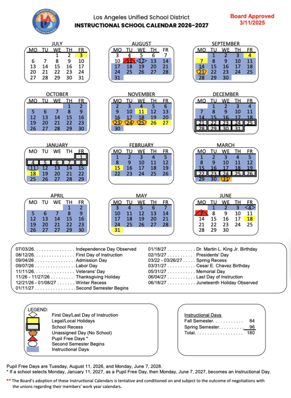 2026-2027 School Calendar by Month