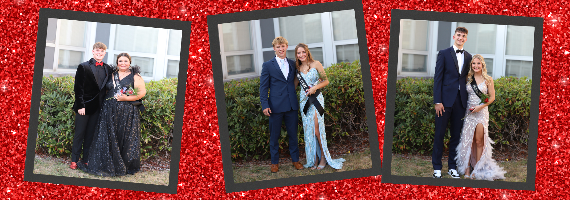 Three couples pose in formal attire against a red glitter background.