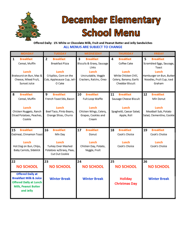 MES December Lunch Menu Featured Photo