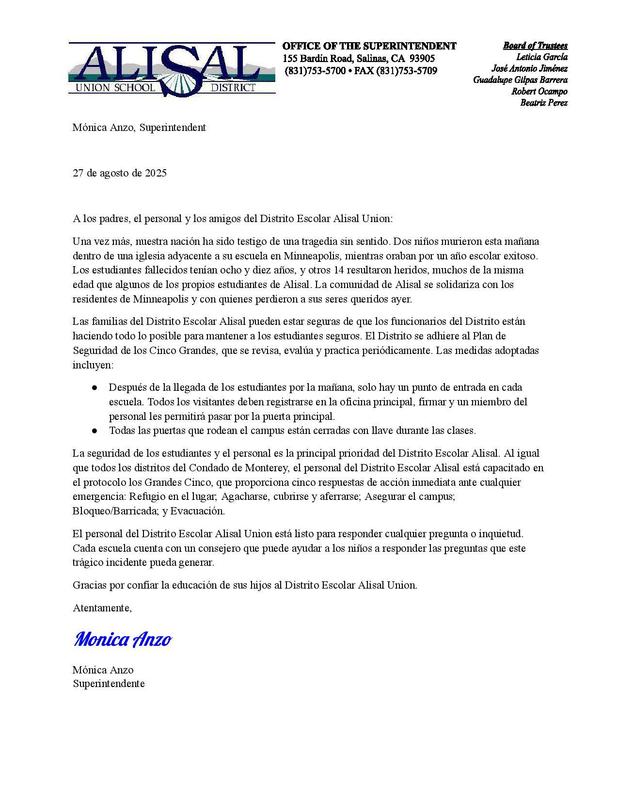 Letter by Ms. Anzo re: Minneapolis school shooting