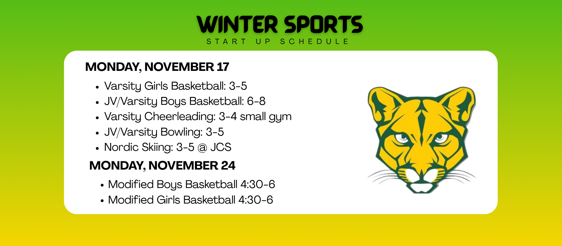Winter Sport SU Schedule
