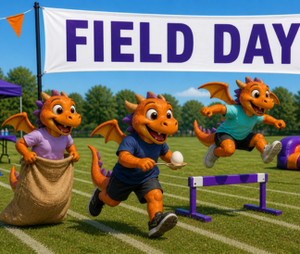 Illustration of dragons playing field games under a sign saying Field Day