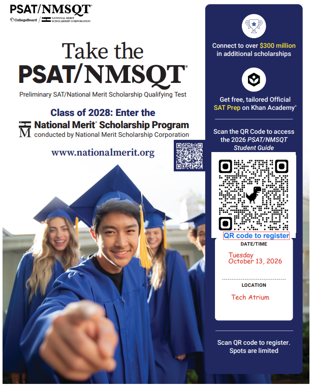 Flyer for the PSAT and NMSQT. Contact Katie Park with questions.