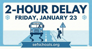 2-hour delay banner. School bus and pedestrian on icy road.