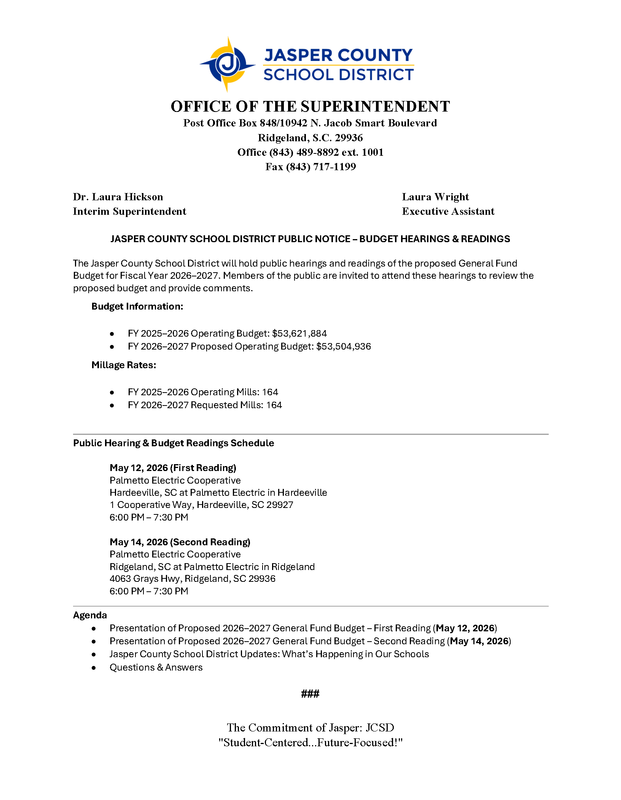 JASPER COUNTY SCHOOL DISTRICT PUBLIC NOTICE – BUDGET HEARINGS & READINGS Featured Photo
