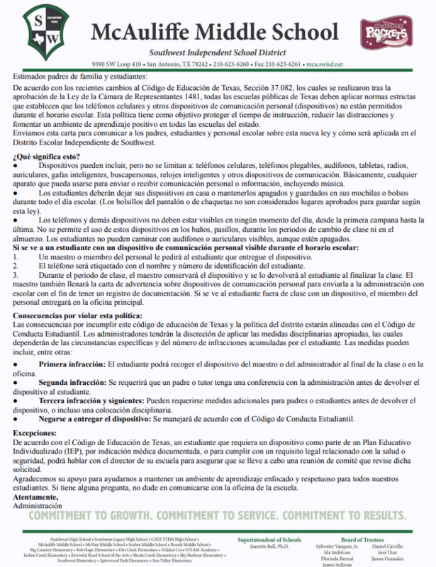 letter from admin Spanish