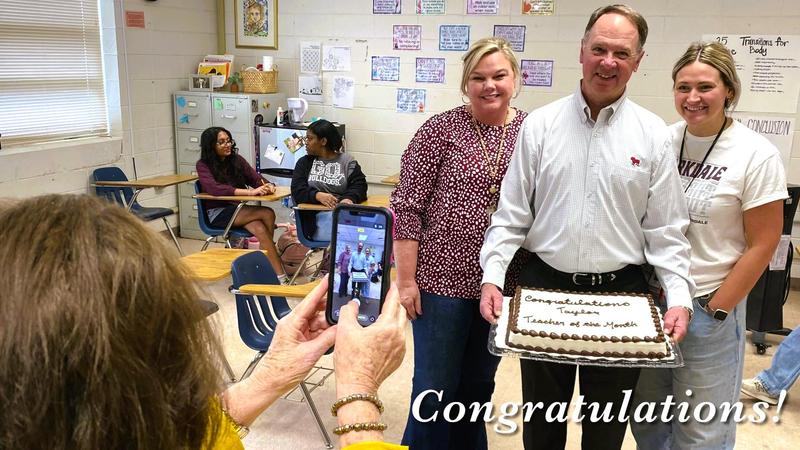 Principal Stephanie Shirley, Mr. Jeffery Wilson, and Mrs Taylor Dively following the surprise LCSD Teacher of the Month Presentation