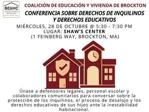 Graphic featuring a school and home for the tenant & educational rights summit on October 28 from 5:30-7:30 pm at the Shaws Center