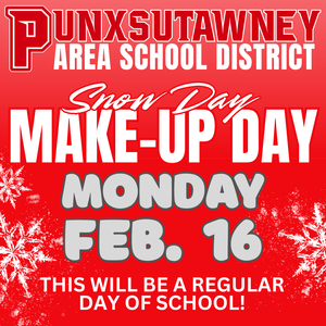 Red background with white snowflakes and text saying Monday February 16 is a snow day make up day