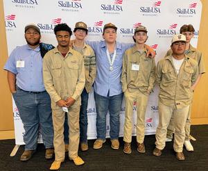 Pictured: Aryick Rockett-Automotive Maintenance and LIght Repair; Rhidyn Williams-Welding Fabrication; Parker McMullin-Welding Fabrication; Lane Tubby-Motorcyle Repair-2nd Place Winner; Carsyn Rosamond-Welding Fabrication; Eric Lopez-Welding Structural; William Abels-Residential Wiring
