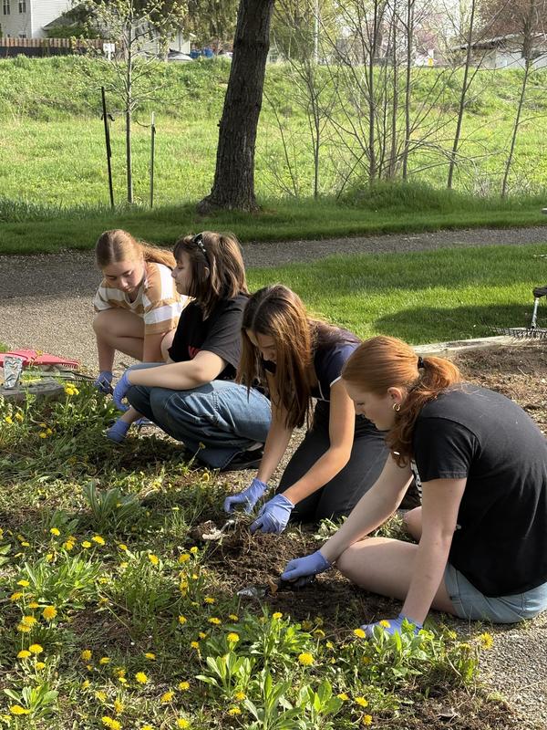 Students pull weeds from flower beds.