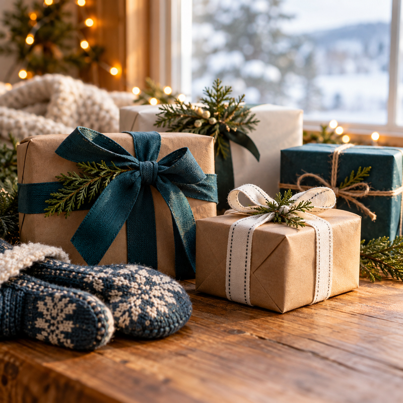 Wrapped gifts and cozy mittens picture