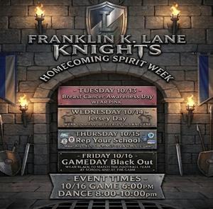 Franklin K. Lane Knights Homecoming Spirit Week Announcement