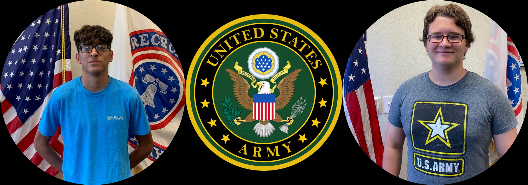 pictures of 2 young men in front of the american flag and the US Army logo