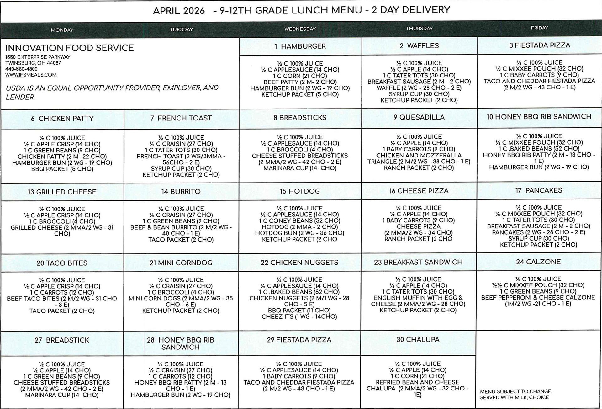 APRIL K-8 2 DAY LUNCH12345