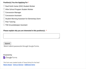 Application form section listing available student worker positions.