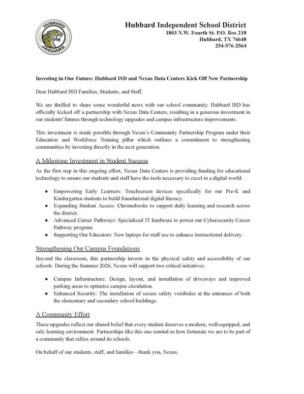 Nexus Data Centers Announces Investment in Hubbard ISD Schools