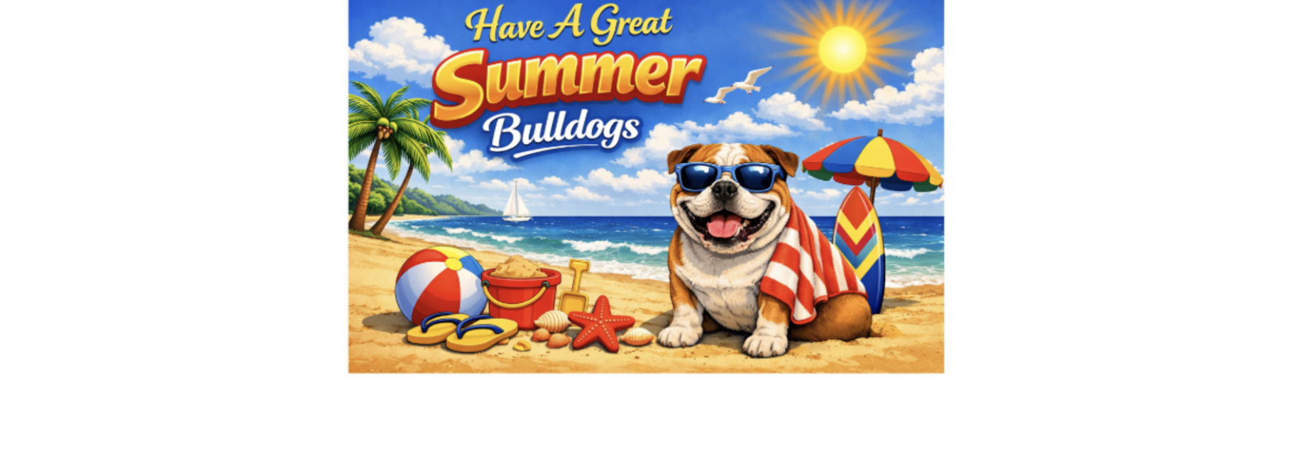 A bulldog wearing sunglasses on a beach with summer decorations.