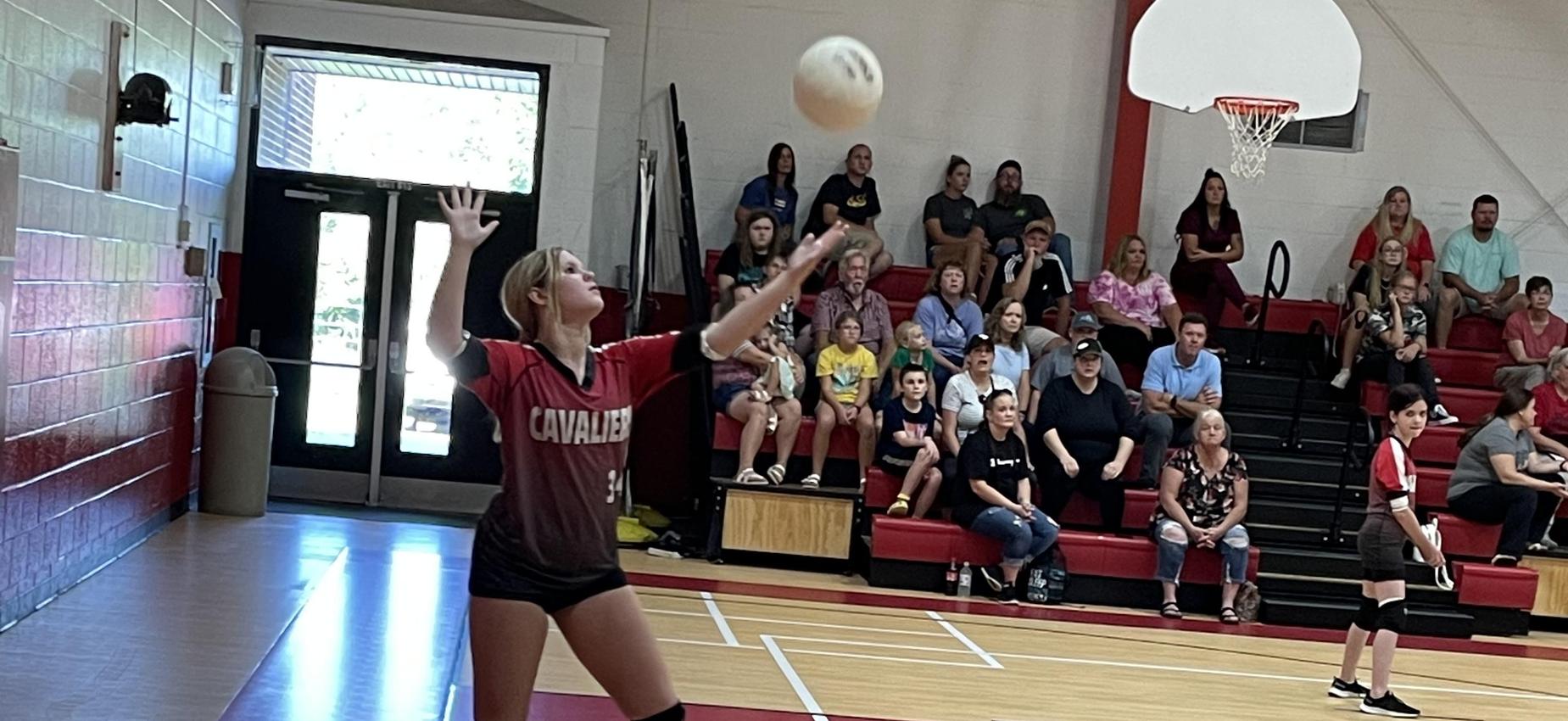 A volleyball player serves the ball.