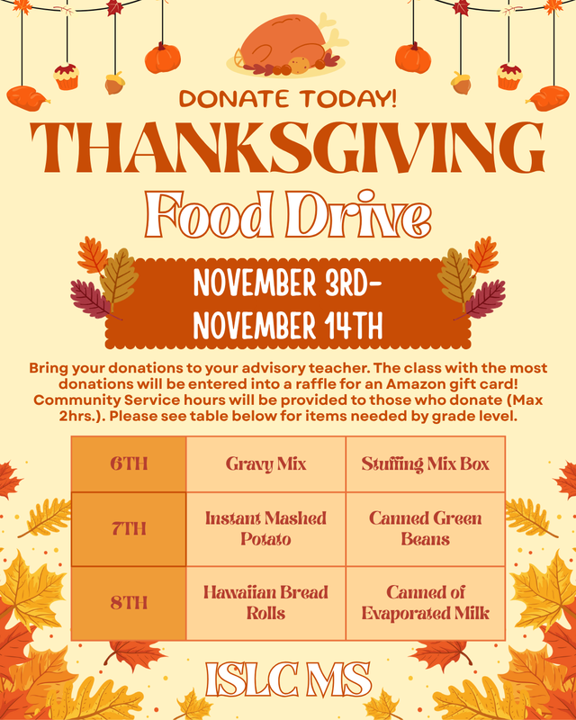 Thanksgiving Food Drive 11/3/25- 11/14/25