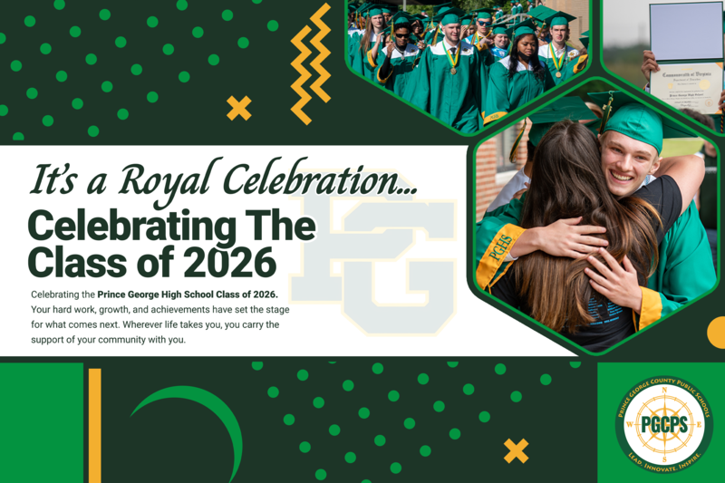 A graphic celebrating graduation as a student hugs their teacher in a green cap and gown.