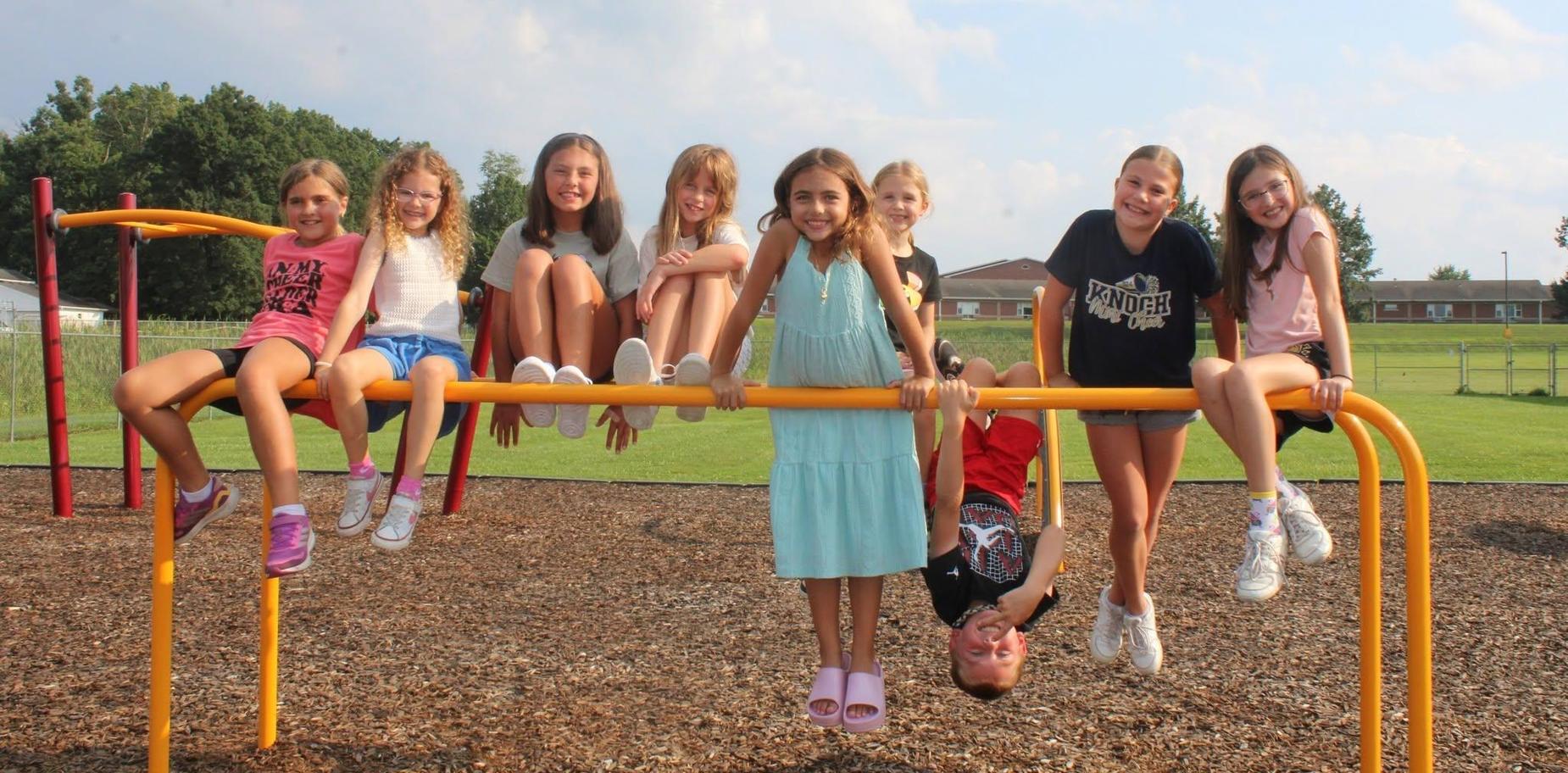 Eight children play on a monkey bar at a playground with green grass in the background.
