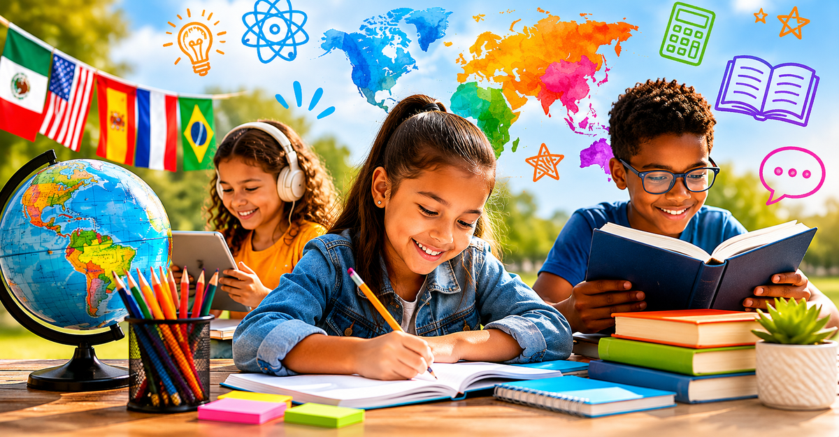 Children reading books and writing in notebooks