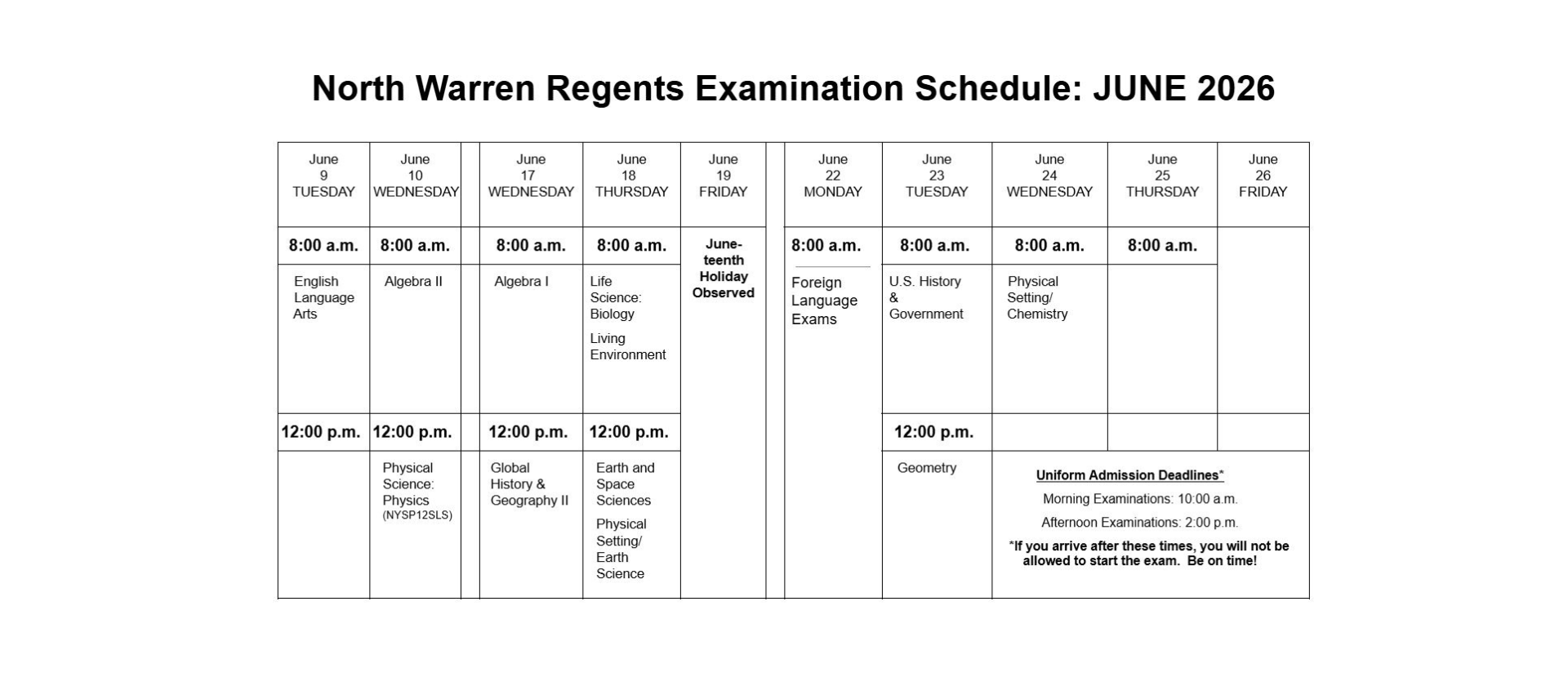 2026 North Warren Regents Exam Schedule