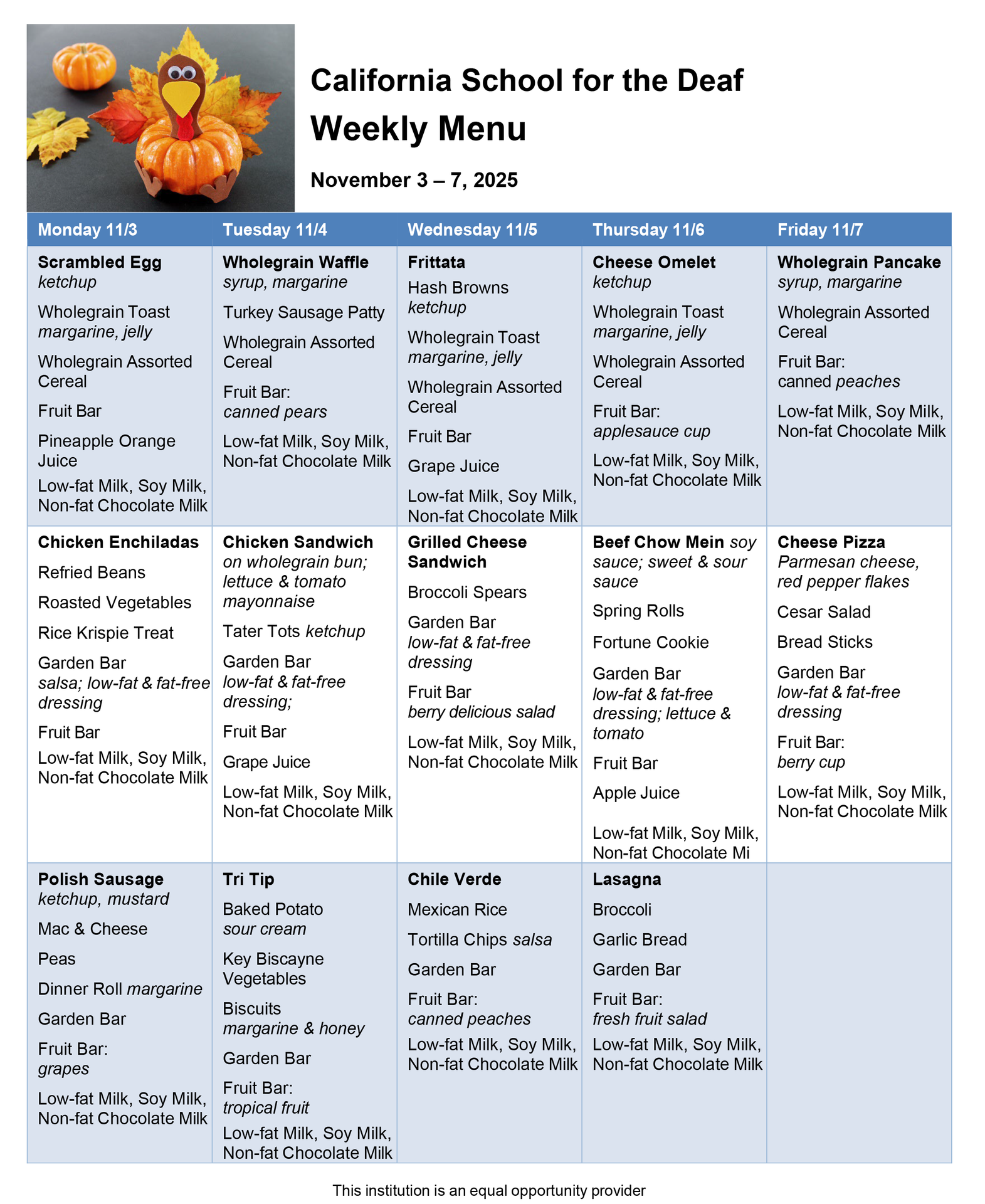 November 3-7 menu