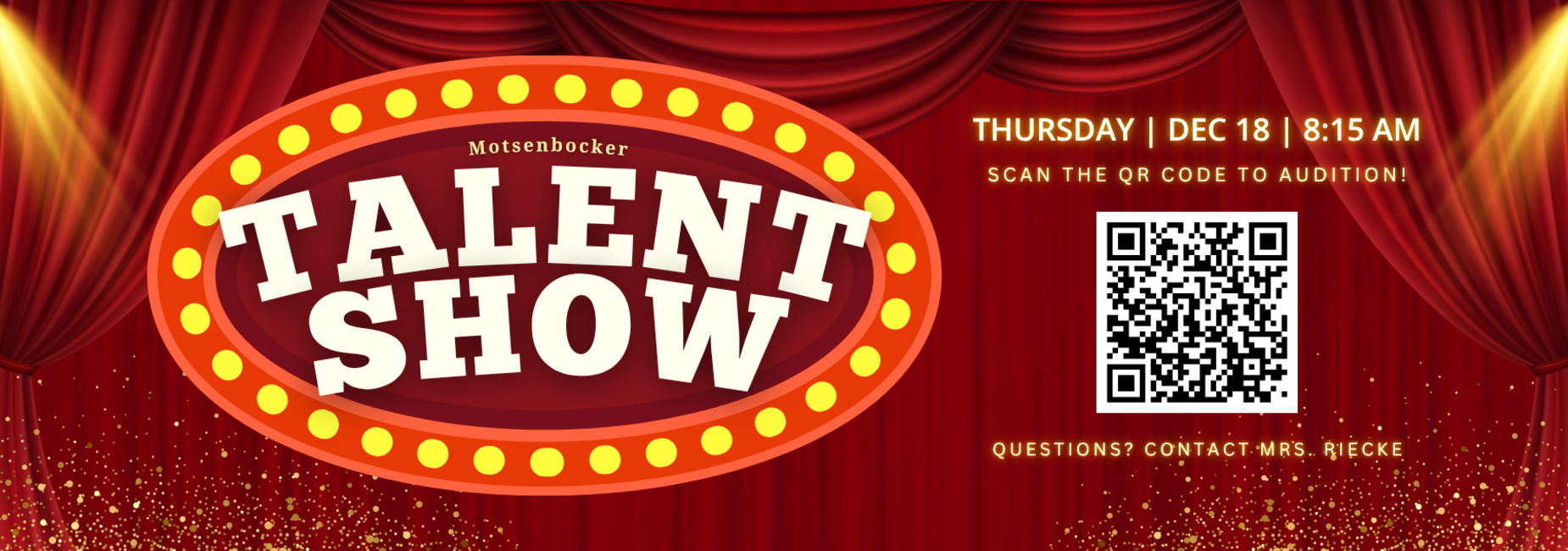 Red curtain backdrop with a bold talent show announcement and a QR code.