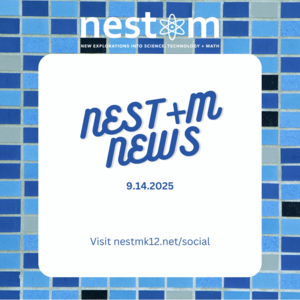 Image of illustration of blue mosaic tiles surrounding a white box which says "NEST+m News".