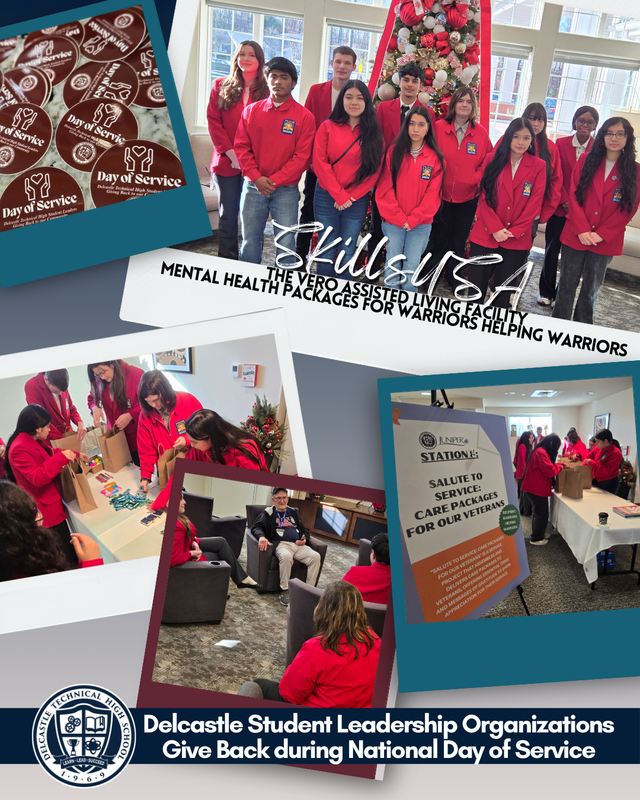 Delcastle Day of Service National Giving Back Day for SkillsUSA, Student Council, National Honor Society, Educators Rising, HOSA, Leading Ladies, and Pride/GSA.