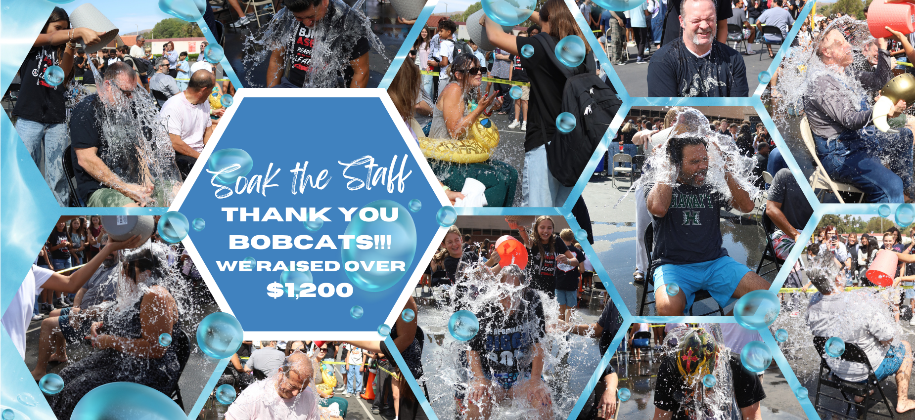 Collage of staff being splashed with water, celebrating a fundraising event.