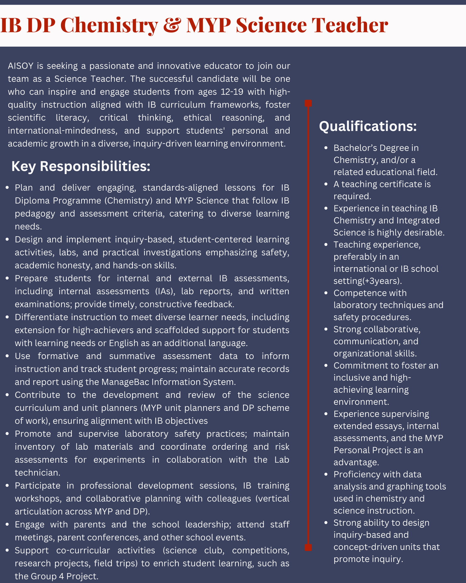 Chemistry Teacher AISOY Job vaccancies 2026