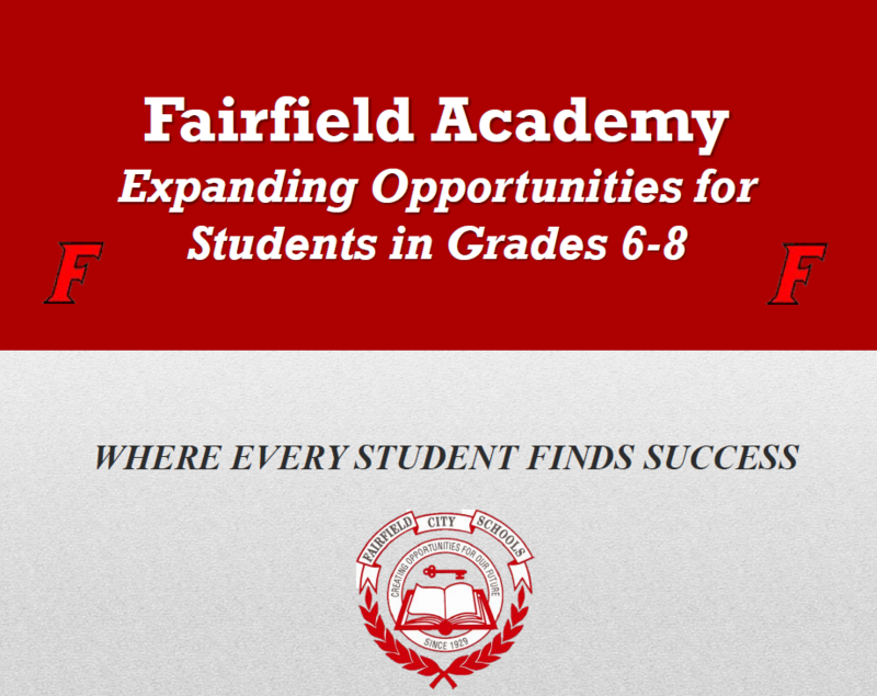 Image of the title page of a presentation to the board of education about expanding the Academy program. the image has red background with white lettering with the title.