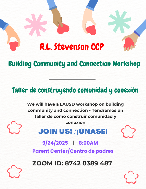 Flyer with information on a Parent workshop on "Building Community and Connection" for Wednesday, September 24 at 8:00Am in the Parent Center.