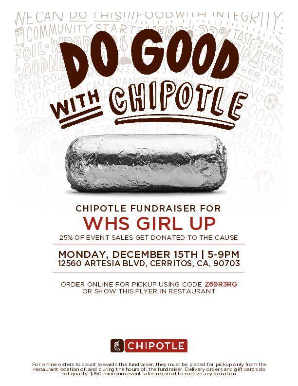 WHS Girl Up Club fundraiser at Chipotle on 12/15/25 from 5 - 9pm