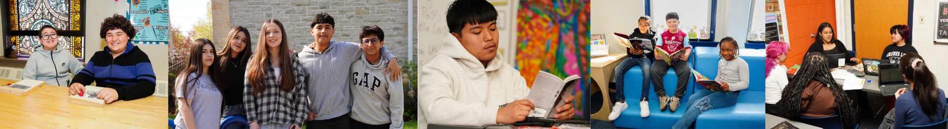 Seeds of Health students smiling together, working in class, and reading.