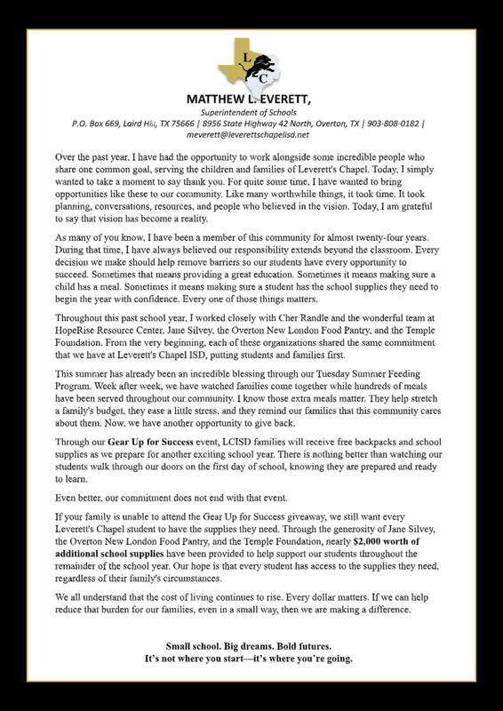 Letter from the Superintendent explaining how all student this school year will receive free school supplies.