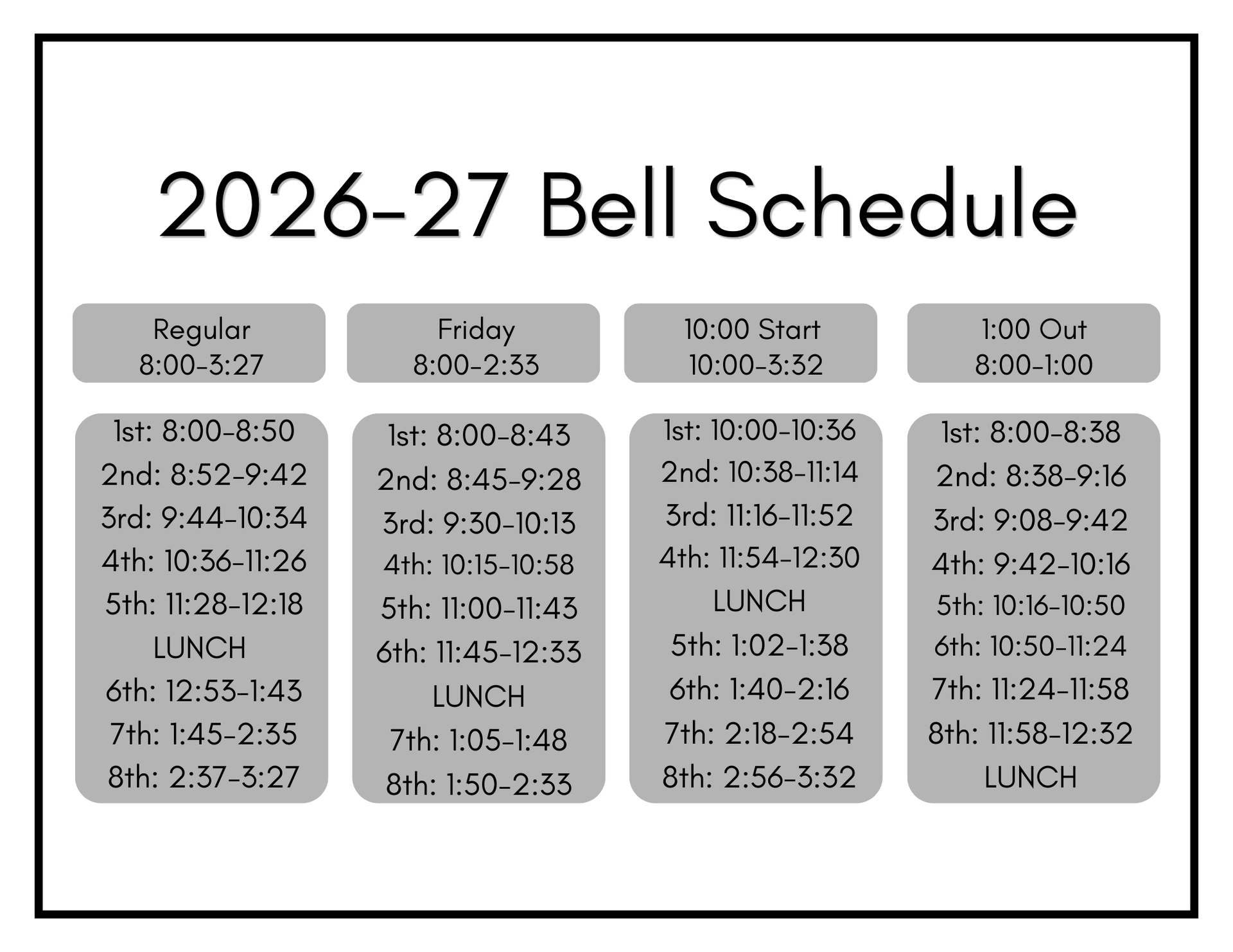 Here is a highly detailed alt text description for the graphic, organized to be fully accessible and easy to read.  Alt Text: An infographic titled "2026-27 Bell Schedule" presented on a white grid paper background. The schedule features four red, rounded-rectangular columns, each outlining a different school day schedule (Regular, Friday, 10:00 Start, and 1:00 Out) with lists of class periods, times, and lunch breaks.  