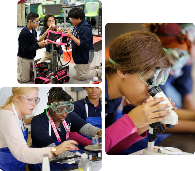 Collage showcasing various student activities including academics, science, and hands-on projects.
