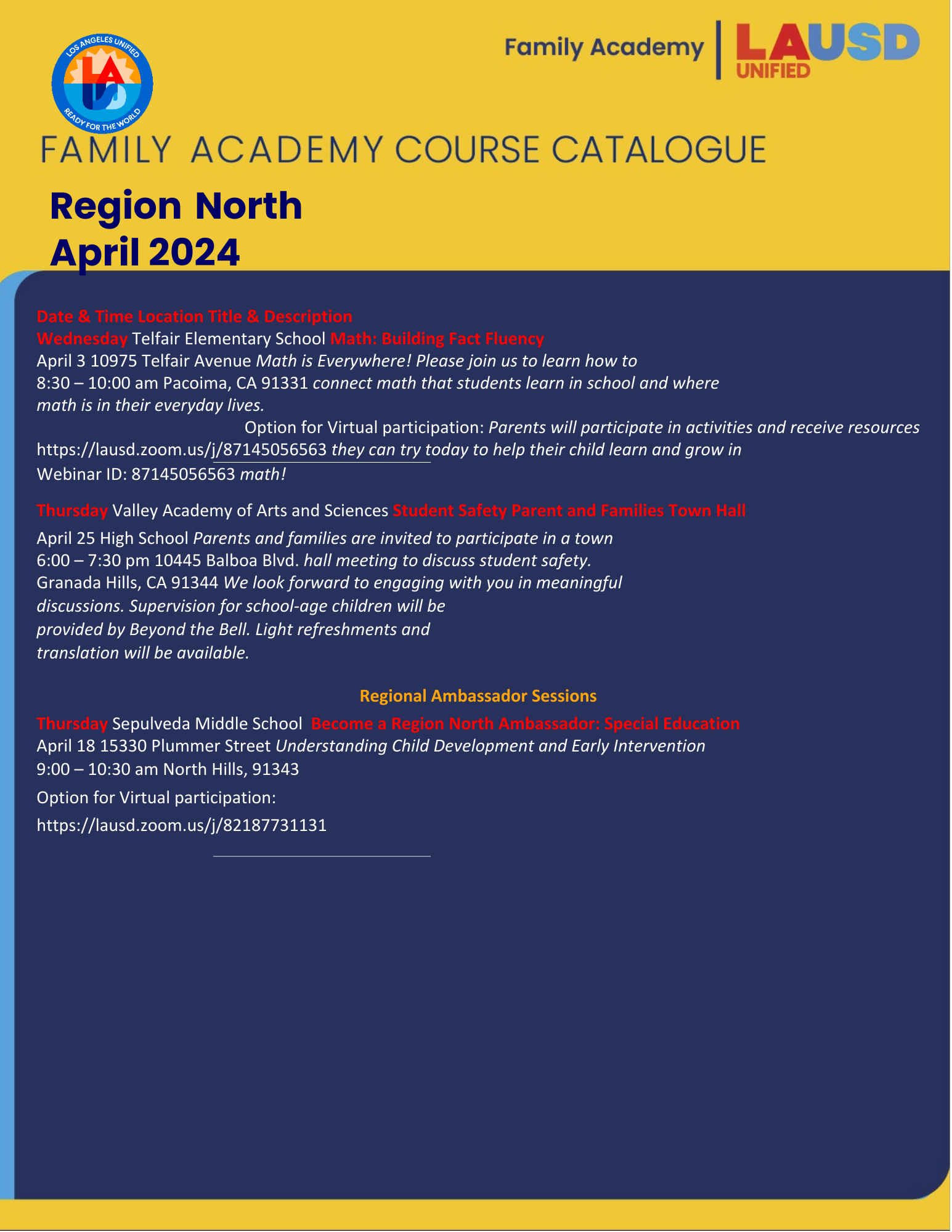 Region North Family Academy Course Catalog April Bertrand Avenue