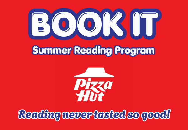 Bold text promoting the Book It Summer Reading Program with Pizza Hut logo.