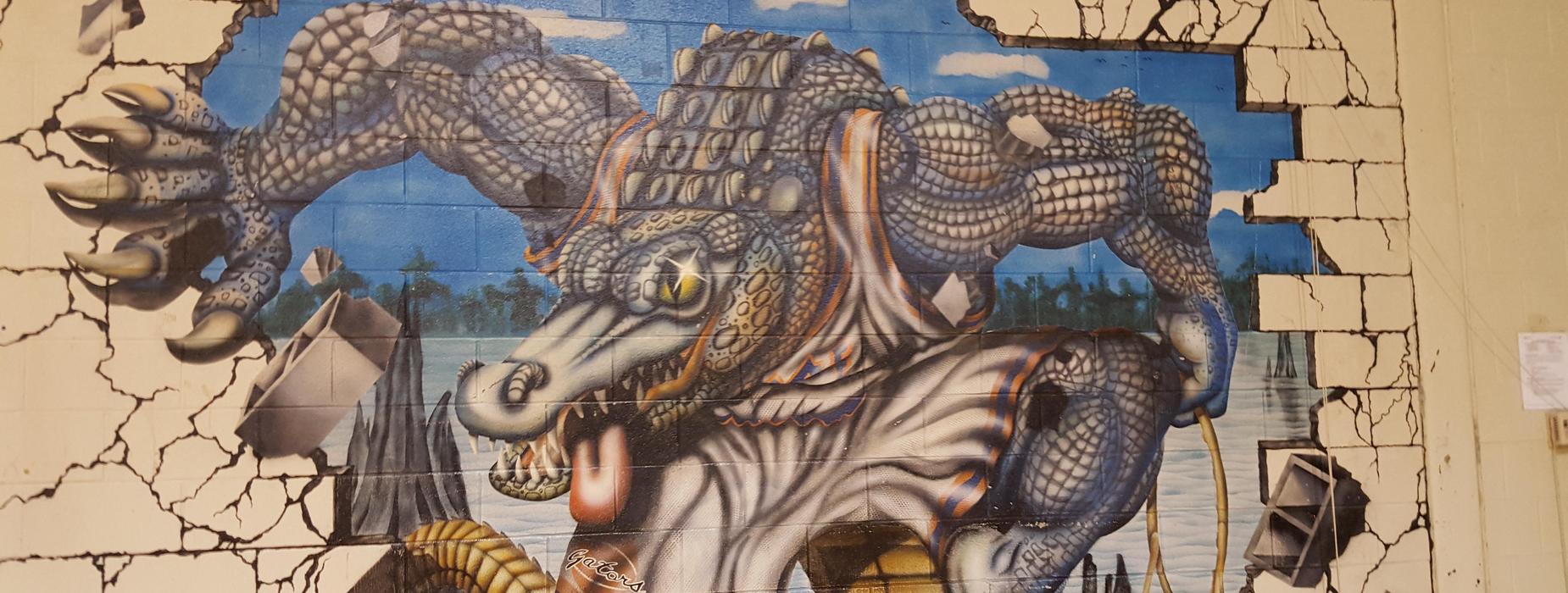 Gator mascot coming out of the wall in the gym.