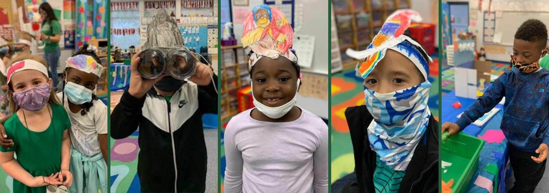 collage of 5 elementary students wearing colorful animal headbands they made